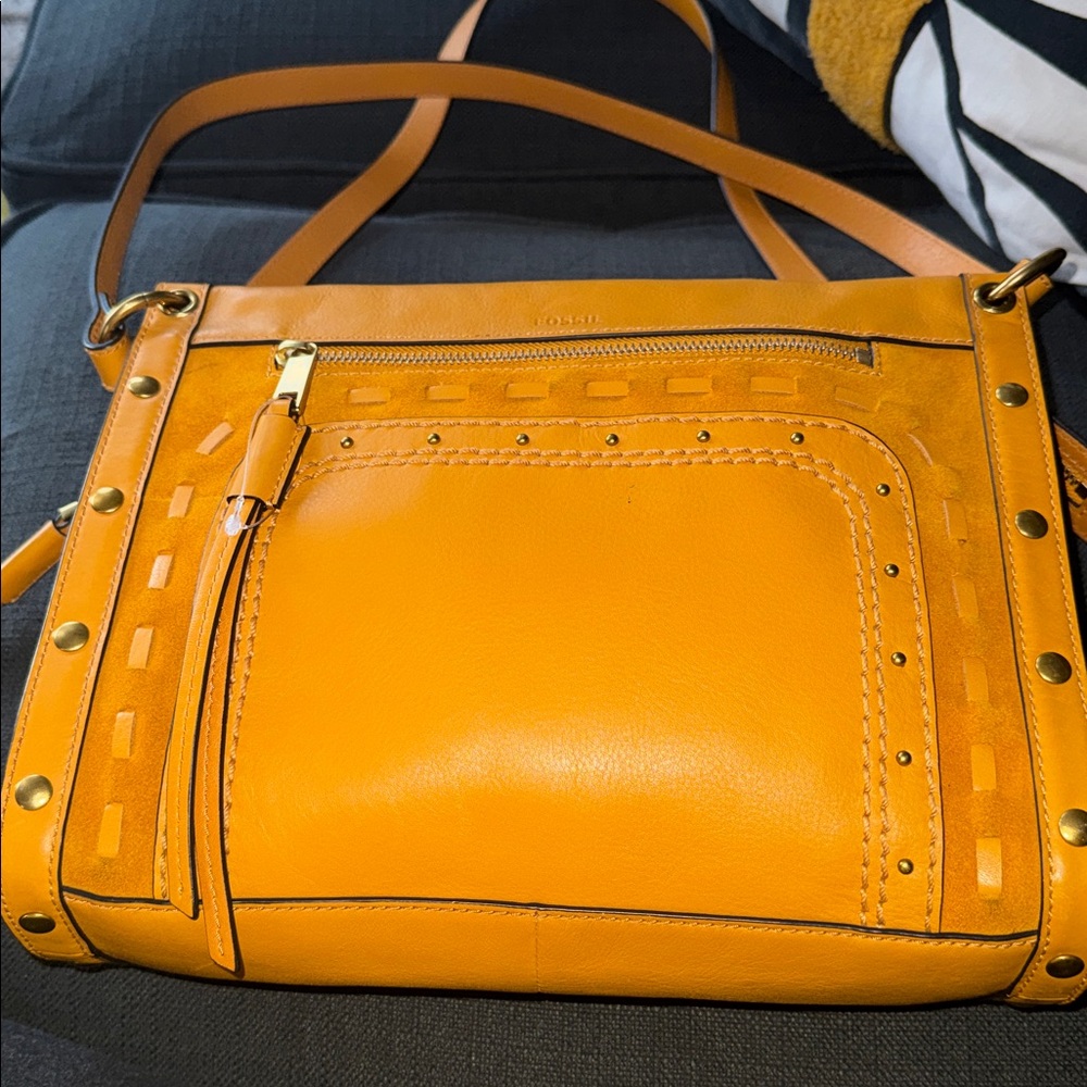 Fossil Allie Satchel Mustard Yellow Leather Shoulder Bag NWOT missing key - Picture 2 of 5